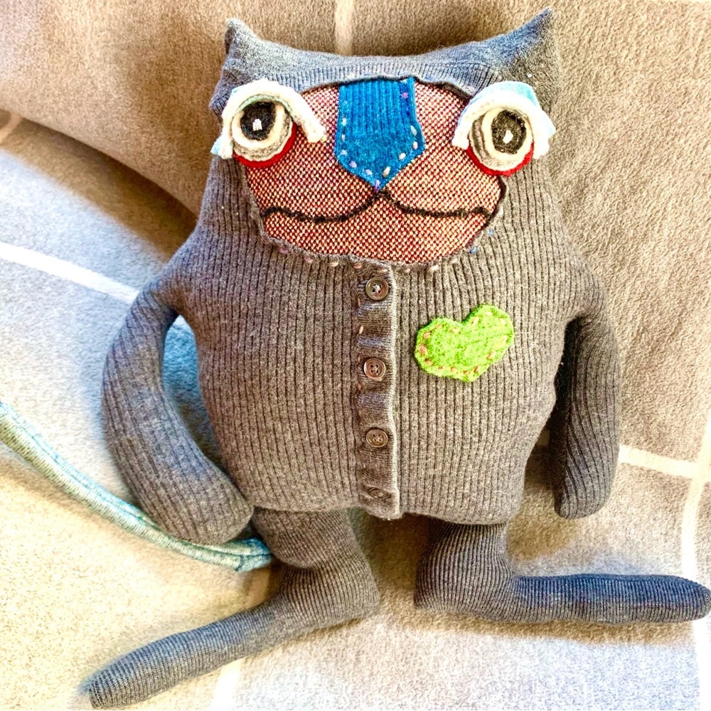Wool oh wool! Poirot cat upcycled sweater handmade stuffy animal